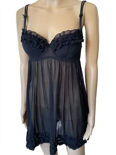 Passionata Black Romantic Feminine Ruffle Sheer Mesh Lingerie Mini Slip Dress Size M