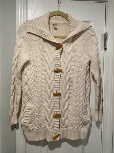 L.L. Bean Size S Cream Cable Knit Toggle Button Cotton Cardigan Sweater Collar Tan