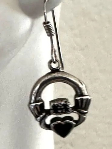 Sterling Silver Claddagh Earrings with Black Onyx Hearts