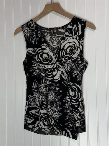 Susan Lawrence Petite Floral Sleeveless Blouse Black V-Neck Size L