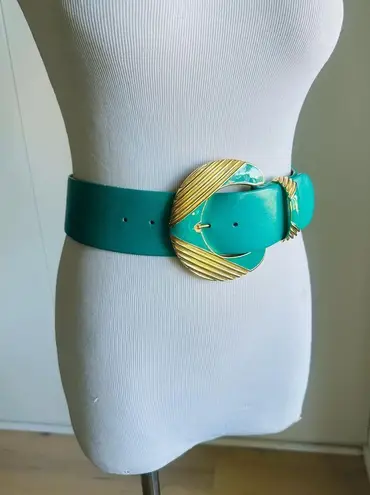 90s St John Leather/Enamel Belt Size 2/26 W Turquoise Gold Big Statement Green