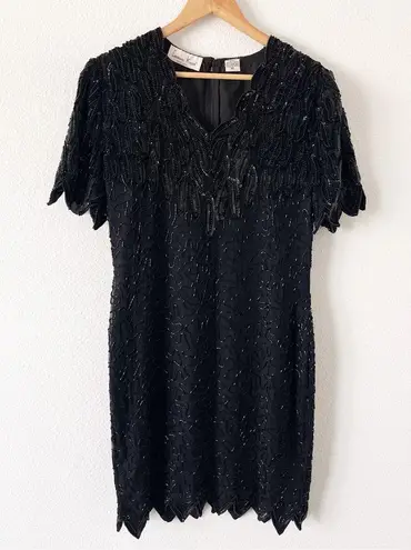 Laurence Kazar New York Beaded Vintage Silk Dress in Black