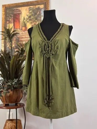 Denim 24/7 Women Top M Pullover Y2K Short Sleeve Elastic Cold Shoulder Embellish Green Size M