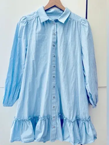 A loves A woman blue stripe long balloon sleeve Shirt Dress ruffle M