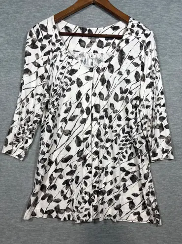 J Jill Cardigan Tunic Top Womens M Button Front 3/4 Sleeve Leaf Print Casual White Size M