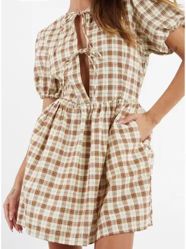Motel Plaid Puff Sleeve Tie-Front Dress Size S Brown & Green Check Cottagecore