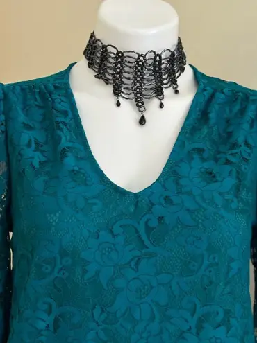 Charter Club NWT Teal Blue Sheer Lace Under Blouse Sz S Leg Of Mutton Bo…