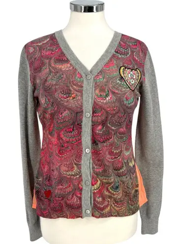 Desigual Printed Cardigan Heart Accent Sweater Sheer Back Size Medium