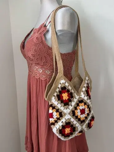 Handmade Crochet Granny Square Shoulder Tote Bag Red Brown Beige NEW