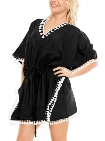La Leela Womens Kimono Blouse Pom Pom Cover Up Swimwear Black One Size NWT