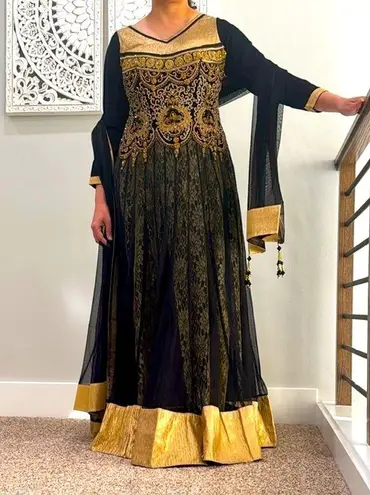 Embroidered party wear Indian long gown anarkali kurta 3 piece set Black