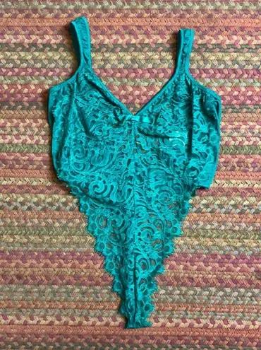 80s VINTAGE TEAL SHEER LACE HIGH CUT LEG BODYSUIT LINGERIE SEXY Green Size M