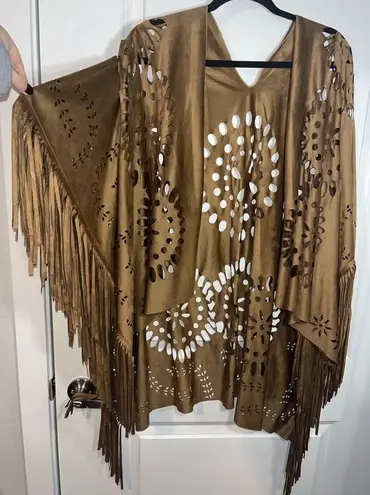 Unbranded One Size Brown Tan Faux Suede Cut Outs Boho Fringe Poncho/Kimono