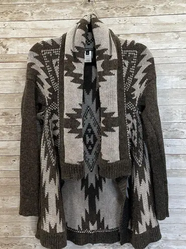 Hannah Womens L Sweater Open Cardigan Gray Southwestern Aztec Scarf Collar Size L