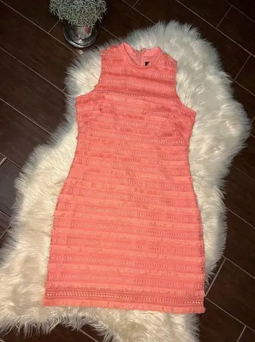 J.Crew  Sheath Dress Coral Pink Fringe Corchet Lined Mock Neck Sleeveless sz 4