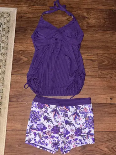 Purple tankini and short swim suit set halter top Size M