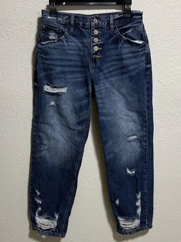 KAN CAN Jeans Women's 7/27 Distressed Button Fly Straight Leg Denim Blue