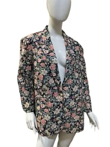 Vintage 80s Boxy Floral Jacket/Padded Shoulders/Grannycore Cottagecore Blazer Black Size M