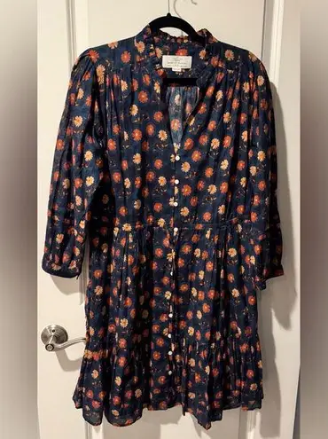 Trovata Birds of Paradis Yulia Navy Floral Long Sleeved Shirtdress | M Blue Size M