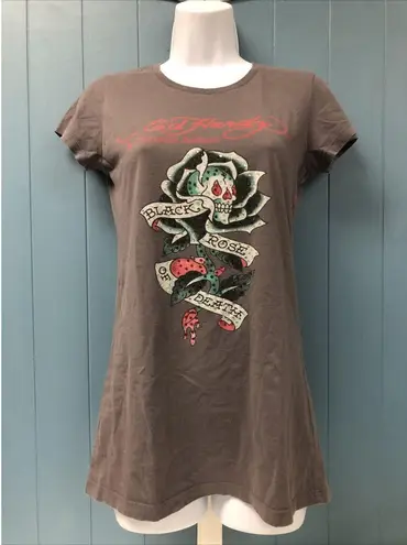 Ed Hardy Gray RHINESTONE T Shirt Womens Size S Skull “ Black Rose Of Death “