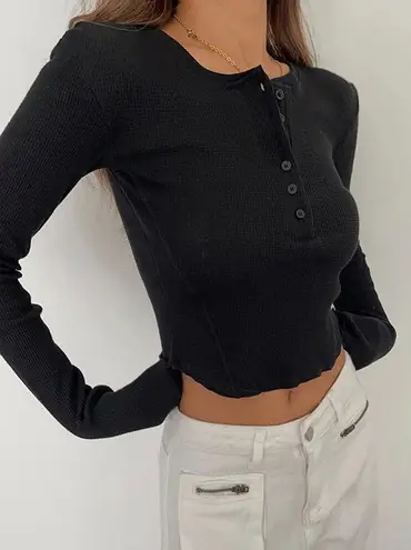 Commense Women's Henley Top Knit Slim Fit Stretch Long Sleeve Black Size XS NWT