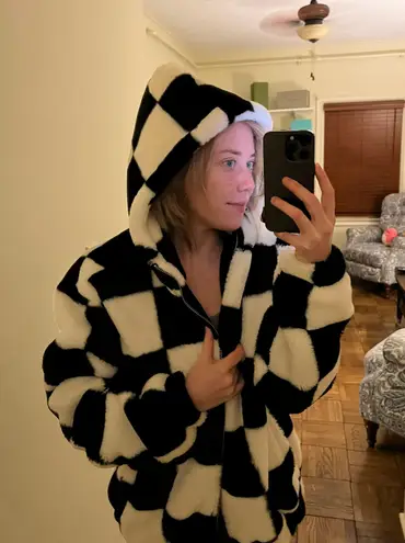 Fuzzy Checkered Bomber Coat Black Size M