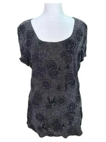 Armani Collezioni Womens LG Black Sparkly Short Sleeve Round Neck Blouse Floral