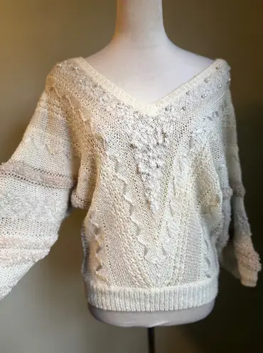 Beldoch Popper Cream Pearl Embellished V Batwing Sweater boho cottage dainty S White