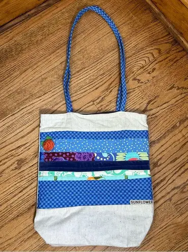 Boho Quilted And Stitched Canvas Art Deco Tote Bag Blue