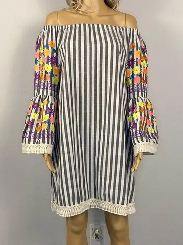 Velzera Striped Off Shoulder Vibrant Floral Embroidered Dress Medium