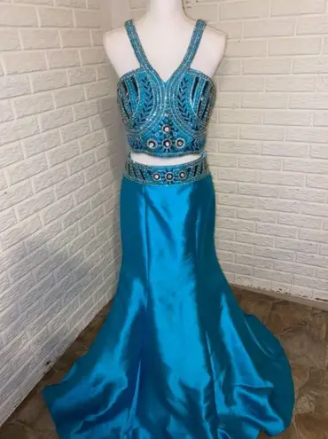 Shail K  Ornately Beaded 2 Piece Mermaid Formal Prom Dress Gown, Turquoise, sz 10