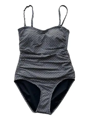 DKNY  Swimsuit One Piece Black White Geo Small Bandeau UPF SPF Stretch Straps