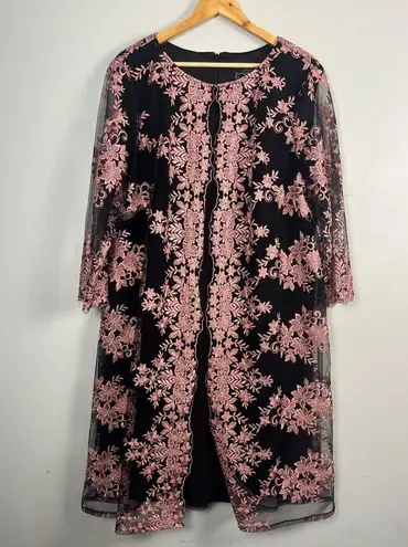 Alex Evenings Jersey Midi Dress and Sheer Attached Jacket CORAL/BLACK size 18