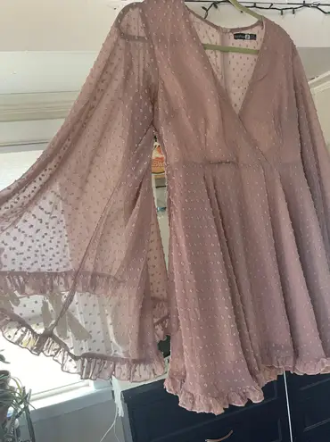 Boohoo Bell Sleeve sheer Dress With Pink Underlay