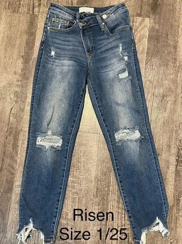 Risen Jeans Women Size 1 dark denim straight distressed high waisted girlfriend