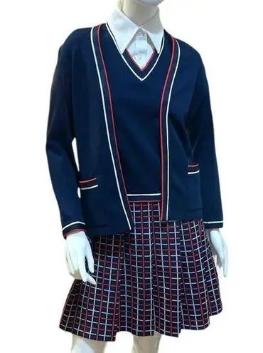 Vintage 1970s Butte Knit Navy Blue Plaid Drop waist Dress Cardigan Knit Set M Size M