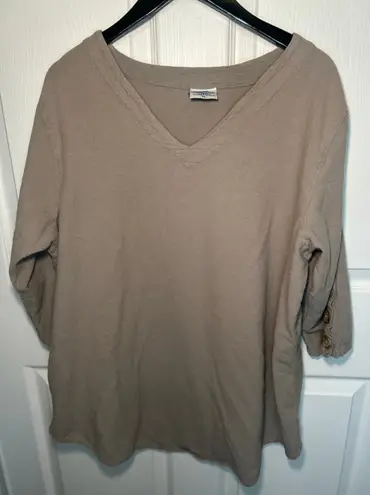 Cottonseed Wear XL Taupe V Neck 3/4 Sleeve Button Accent Tunic Top Casual Tan