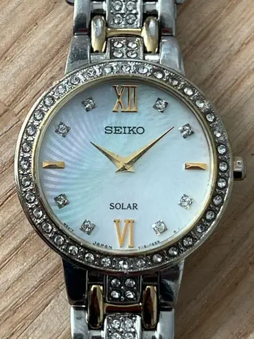 Seiko Solar Ladies Watch Crystal Embellishments Pearl Dial Two-Tone Bracelet