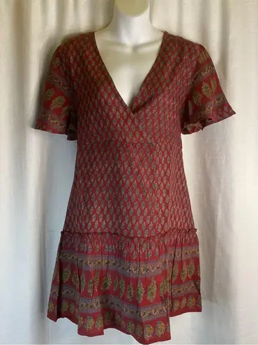Raga Avah Floral Faux Boho Wrap Mini Dress color Wine size LARGE BRAND New