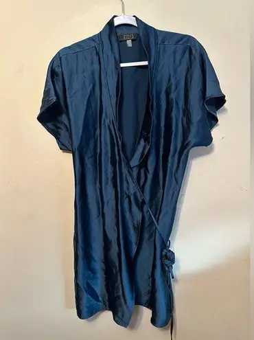 AYR Wrap Robe Dress Teal Satin Tie Waist Collar Short Sleeve Mini Size Small