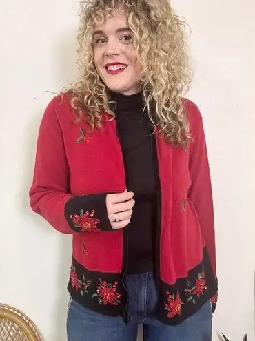 Y2K Red Poinsettia Zip Holiday Christmas Cardigan XL