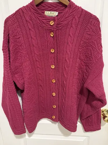 LL Bean Women Sweater Cardigan Vtg Fisherman Cable Knit Pink Magenta Wood Button Size L