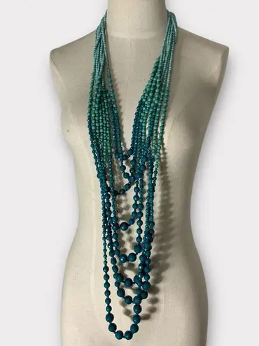 Women’s Beaded Long Layered Teal & Turquoise Necklace & Earring Set #1006 Green