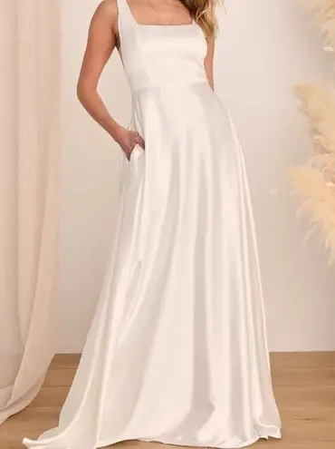 Lulus Endless Radiance Ivory Satin Sleeveless Maxi Dress With Pockets White Size L