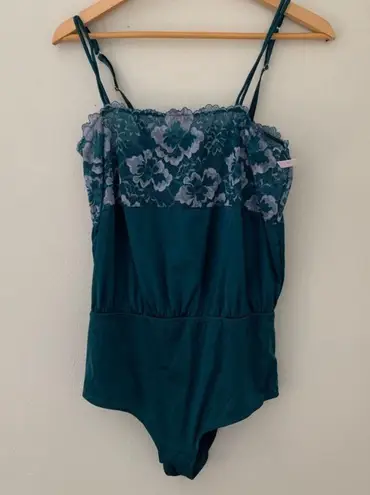 NWT Auden Teal Square Neck Floral Satin Bodysuit Size M