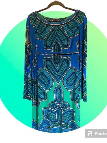 Jones New York Vintage  Dress Womens Size 8 Stretch Aqua Blue Geometric Patterns