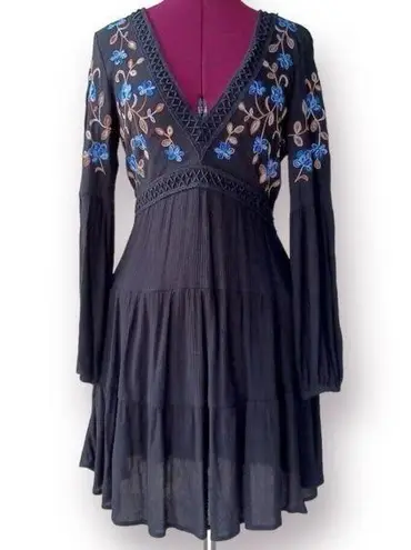 Blue Rain  Women's Black Embroidered Floral Tiered Mini Dress Small