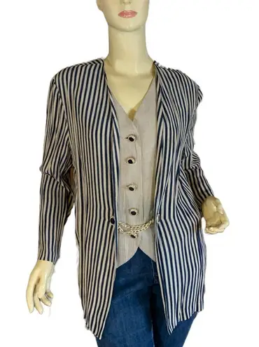 VINTAGE 1980'S DRESS SAVVY BLUE & BEIGE STRIPED BLAZER TOP (10P) Size 10