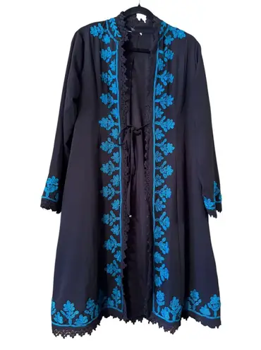 Soft Surroundings Embroidered Lace Trim Duster Jacket, Long Sleeve, Black Blue
