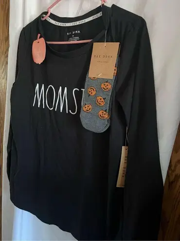 Rae Dunn  Momster Black Long Sleeve Shirt With Socks Woman’s Size Medium NEW